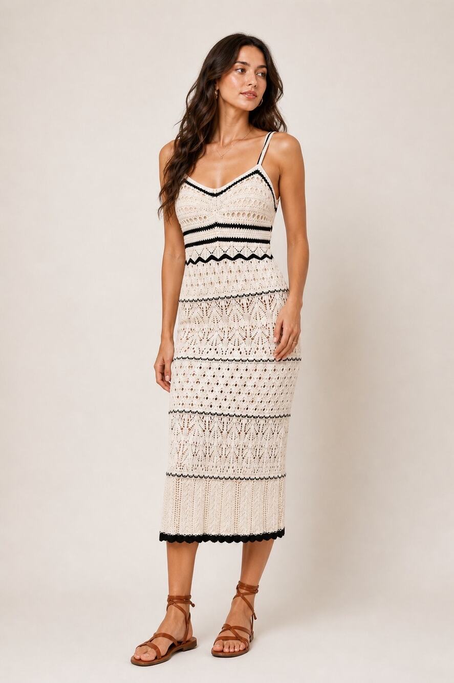 Olive And Oak Crochet Cream Black Sweetheart Coastal Lined Midi Dress Medium